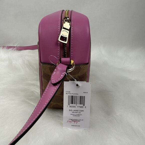 COACH Jamie Camera Crossbody Bag In Signature Canvas/Leather Tan/Fuchsia CZ186 - Picture 4 of 10